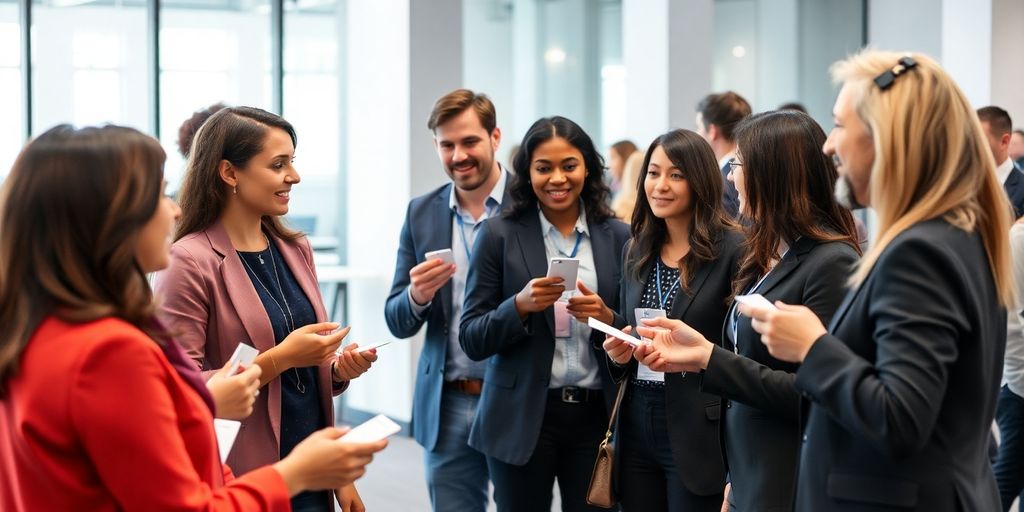 Professionals networking in a modern office environment.