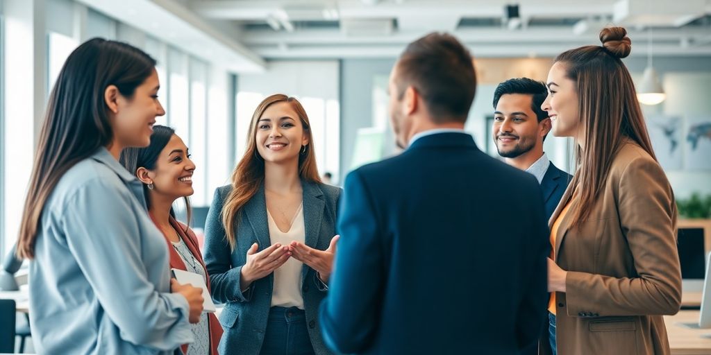 Diverse team collaborating in a modern office setting.