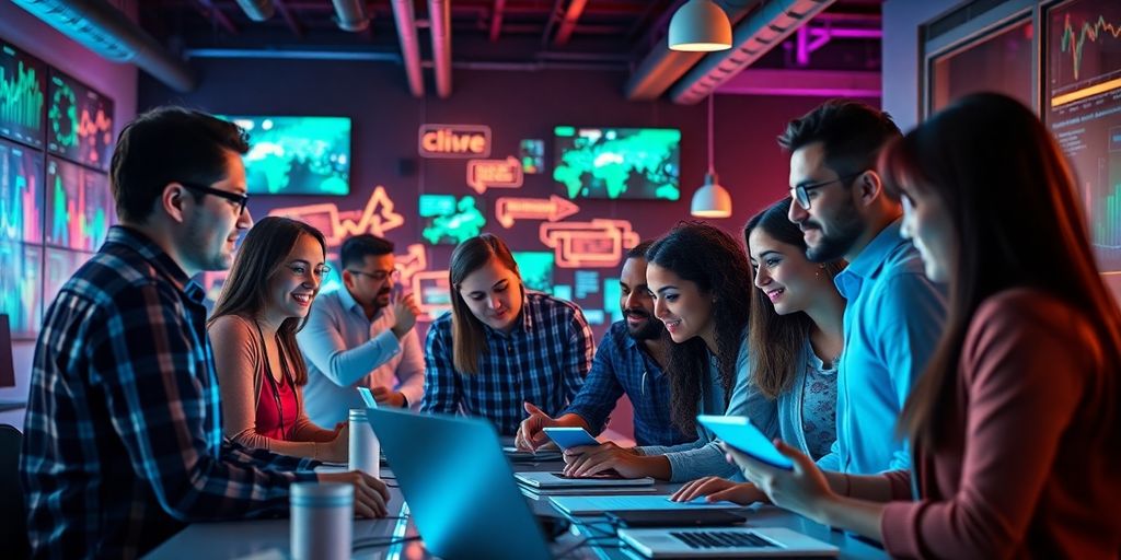 Team collaborating in a modern, tech-focused workspace.