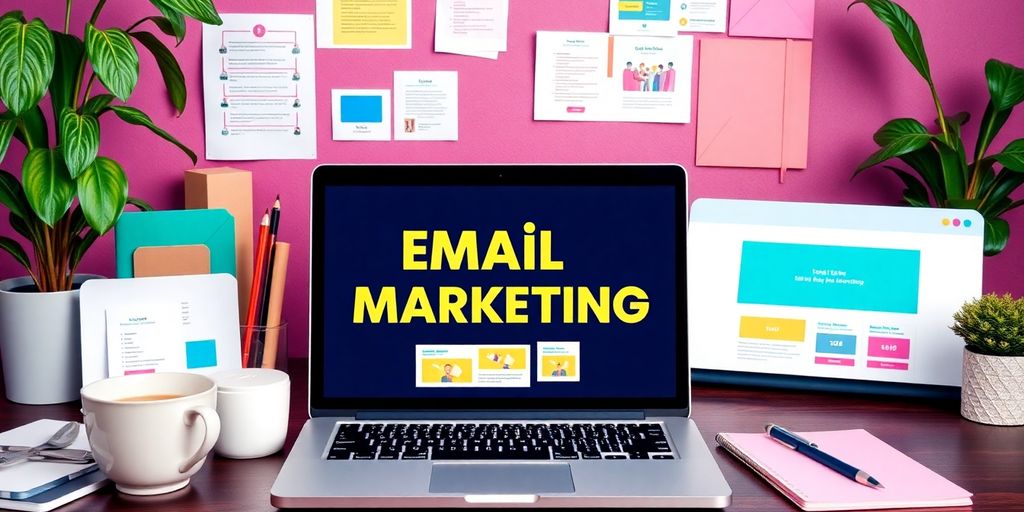 Laptop with email templates and stationery on a desk.