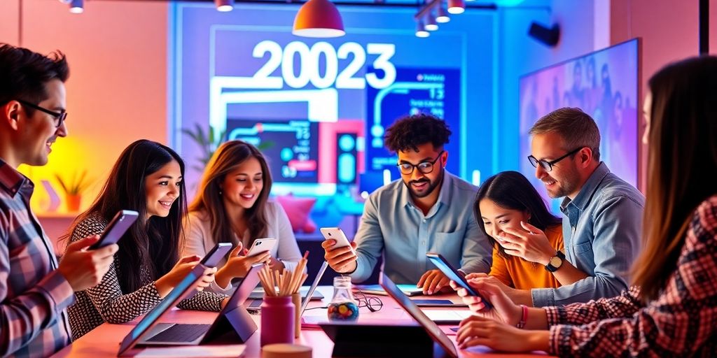 Diverse professionals collaborating in a vibrant social media workspace.
