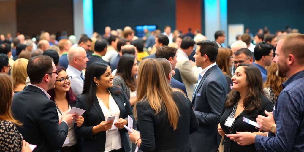 Professionals networking at a lively business event.