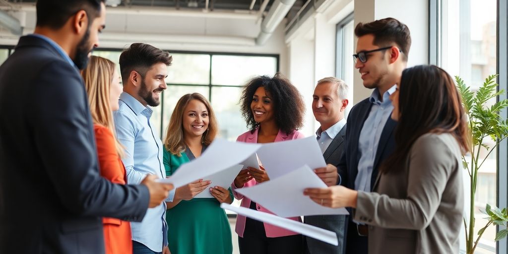Diverse professionals collaborating in a modern office environment.