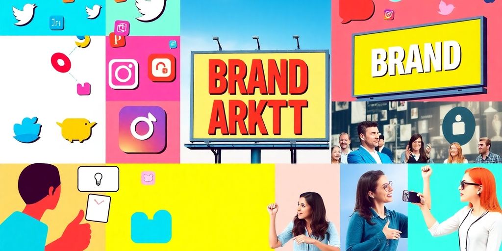 Colorful digital marketing elements promoting brand visibility in 2025.