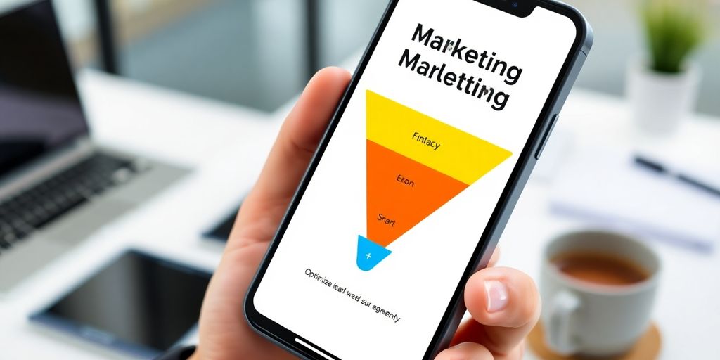Smartphone displaying a colorful marketing funnel in an office.